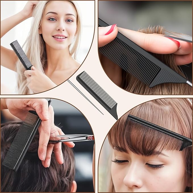 Rat Tail Comb Steel Pin Rat Tail Carbon Fiber Heat Resistant Teasing Combs with Stainless Steel Pintail