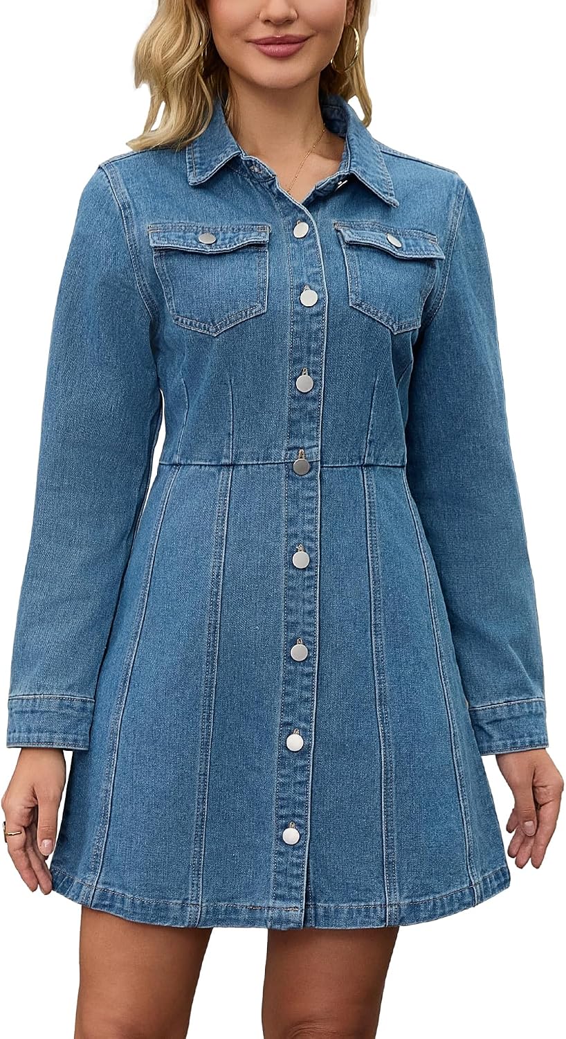 CIMUK Women's Denim Mini Dress Button Down Collared Long Sleeve A-Line Jean Dresses