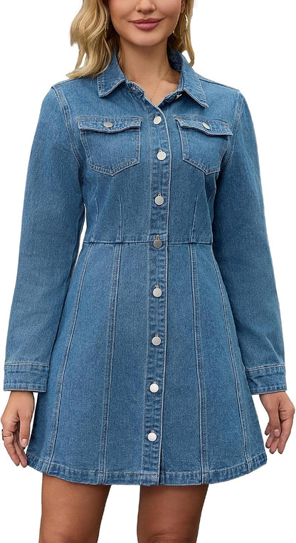 CIMUK Women's Denim Mini Dress Button Down Collared Long Sleeve A-Line Jean Dresses