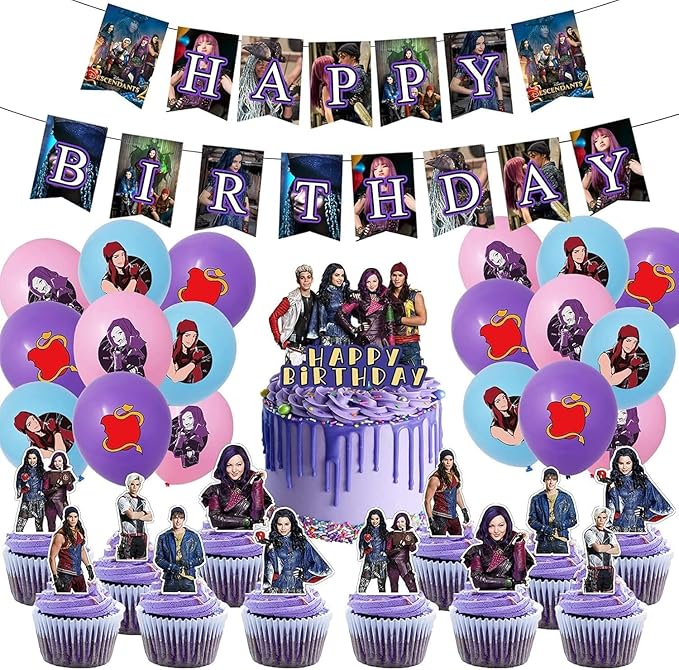 Descendants birthday party supplies,Descendants party including cake caps, cupcake caps, flags, Latex Balloons, It is very suitable for boy's and girl themed birthday party supplies.