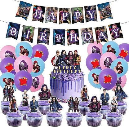 Descendants birthday party supplies,Descendants party including cake caps, cupcake caps, flags, Latex Balloons, It is very suitable for boy's and girl themed birthday party supplies.