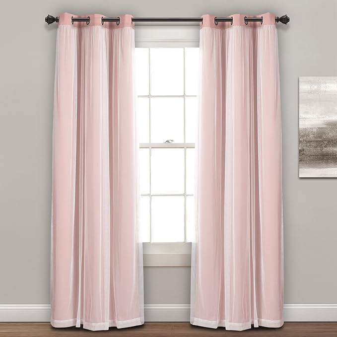 Lush Decor Sheer Grommet Curtains With Insulated Blackout Lining, Window Curtain Panels, Pair, 38"W x 84"L, Pink - Curtain With Sheer Overlay, Elegant Blackout Curtains for Bedroom