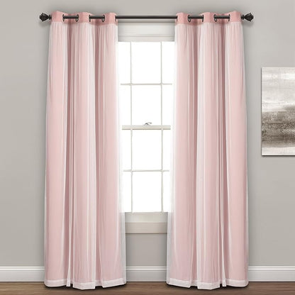 Lush Decor Sheer Grommet Curtains With Insulated Blackout Lining, Window Curtain Panels, Pair, 38"W x 84"L, Pink - Curtain With Sheer Overlay, Elegant Blackout Curtains for Bedroom