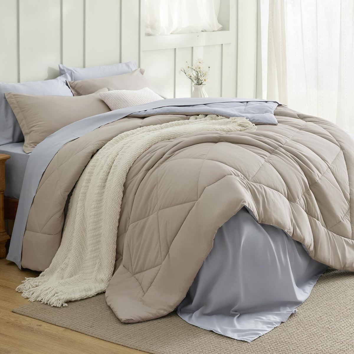 Bedsure King Size Comforter Set - 7 Pieces Reversible Beige Bedding, King Size Bed Set for All Seasons, Bed in a Bag with Down Alternative Comforter, Sheets, Pillowcases & Shams