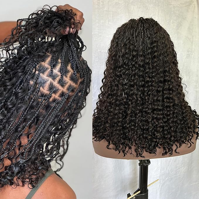 Braided Wig Human Hair Full Lace Boho Box Braids Wig Knotless 300Density Pre Plucked With Curly Ends Goddess Glueless Transparen Lace Wigs For Women Natural Color 12 Inch