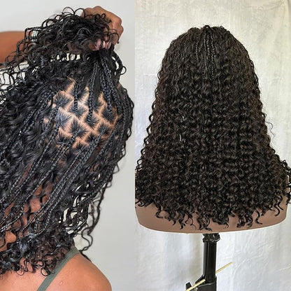 Braided Wig Human Hair Full Lace Boho Box Braids Wig Knotless 300Density Pre Plucked With Curly Ends Goddess Glueless Transparen Lace Wigs For Women Natural Color 12 Inch