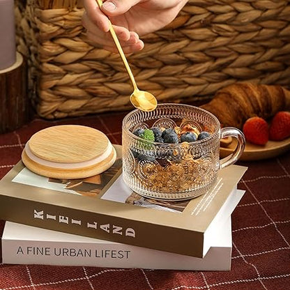 LANDNEOO 4pcs Set Vintage Coffee Mugs gifts for women, Overnight Oats Containers with Bamboo Lids and Spoons - 14oz Clear Embossed Glass Cups, Cute Coffee Bar Accessories, Iced Coffee Glasses