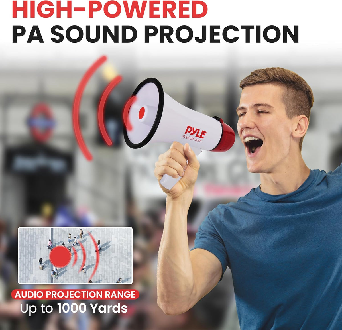 Pyle 20W Megaphone Bullhorn - 5.4'' x 8.6'' Portable Megaphone, Projection Range 1000 Sq. Yards, Voice Talking & Siren Alert, Shoulder Strap, Battery Operated, (White) (Product in good condition; box is damaged)