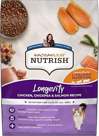 Rachael Ray Nutrish Longevity Premium Natural Dry Cat Food, Chicken with Chickpeas  Salmon Recipe, 6 Pounds (Packaging May Vary)