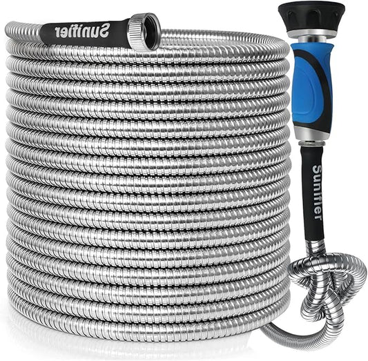 Metal Garden Hose 30 Ft Flexible Stainless Steel Water Hose 25 Ft 50 Ft With Hose Nozzle, Heavy Duty No Kink Hose (30FT)
