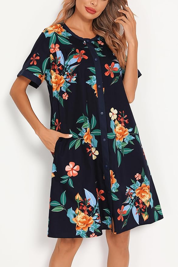 YOZLY House Dress for Women Short Sleeve House Coats Dusters Robe Moomoo nightgowns with Pockets