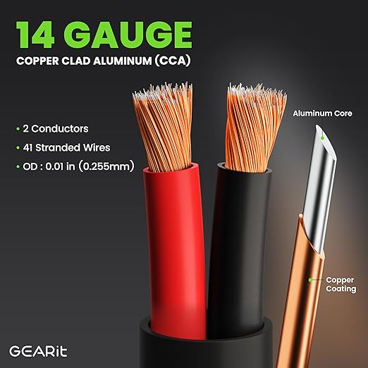 GearIT Outdoor Speaker Wire CCA 2x2.5mm? (60.96 Meters - Black) Copper Clad Aluminum - Hi-Fi Audio Cable for Direct Burial in Ground/in Wall / CL3 CL2 Rated / 2-Conductors - 14 Gauge AWG, 200 Feet