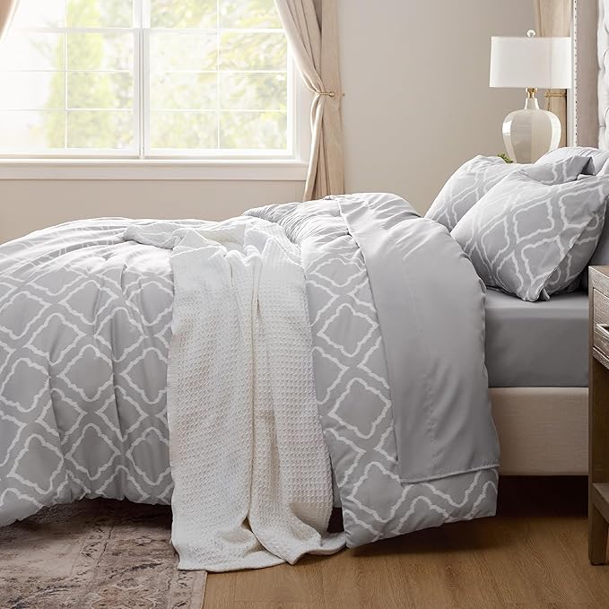 Bedsure Queen Comforter Set 7 Pieces - Grey Quatrefoil Comforters Queen Size, Lightweight Bedding Sets for All Season, Bed in a Bag with Comforters, Sheets, Pillowcases  Shams