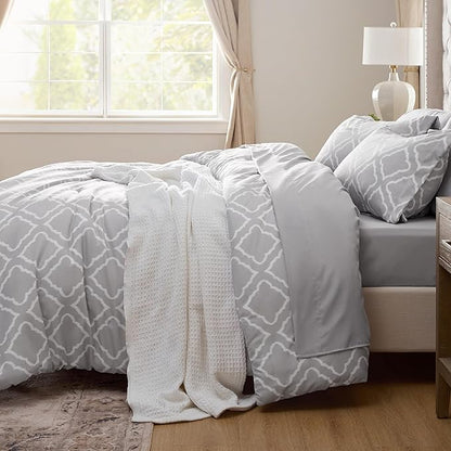 Bedsure Queen Comforter Set 7 Pieces - Grey Quatrefoil Comforters Queen Size, Lightweight Bedding Sets for All Season, Bed in a Bag with Comforters, Sheets, Pillowcases  Shams