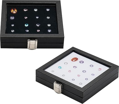 Jewelry Display Case Tempered Glass Top Lid Black Leatherette,Gemstone Display Case Jewelry Storage Box with Metal Clasp (Medium)
