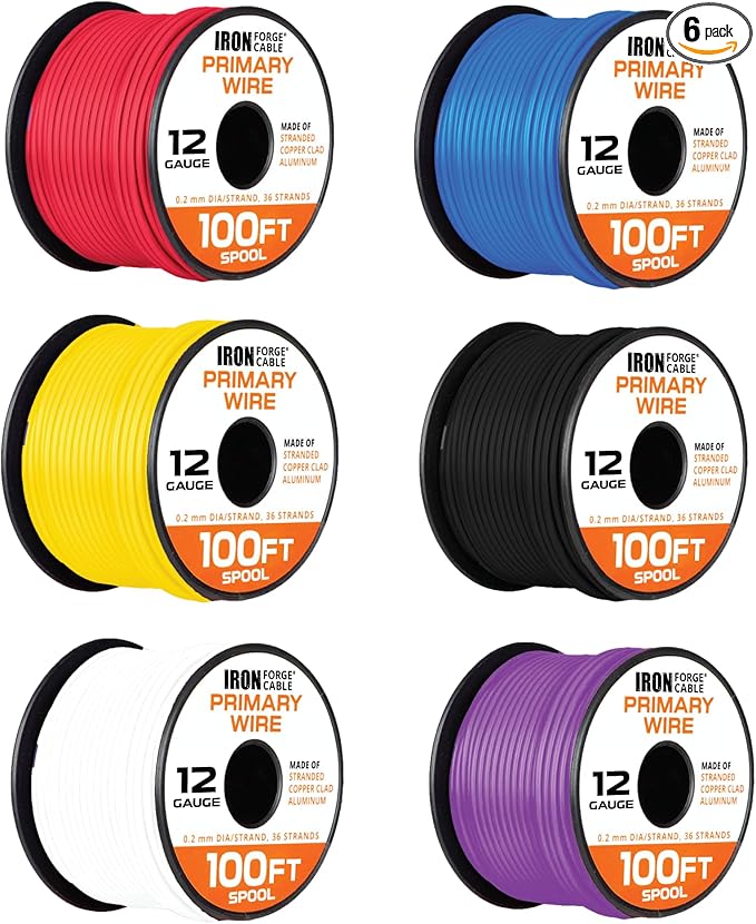 Iron Forge Cable 12 Gauge Primary Automotive Wire - 6 Roll Bulk Assortment Pack - 12 AWG Auto Cable - 100 Ft Copper Clad Aluminum Wire per Roll