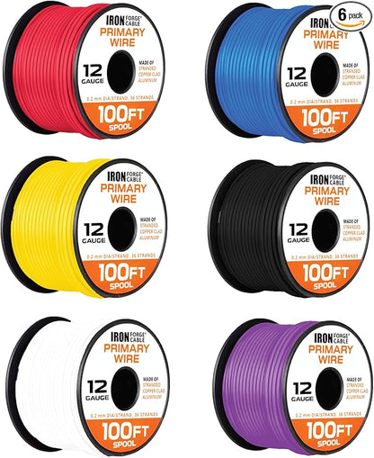 Iron Forge Cable 12 Gauge Primary Automotive Wire - 6 Roll Bulk Assortment Pack - 12 AWG Auto Cable - 100 Ft Copper Clad Aluminum Wire per Roll