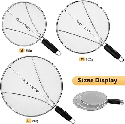 Splatter Screen for Frying Pan 13" 11.5" 9.8" Stainless Steel Fine Mesh Grease Splatter Guard with Comfort Silicone Handles and Resting Feet for Prevent Oil Splatter Safe Cooking
