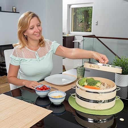 Dumpling Bamboo Steamer 10 Inch 2 Tier Wooden Basket With Handle, Reusable Silicone Liner, Kit For Cooking Baby Bao Bun, Dim Sum, Rice Potsticker Steaming Chinese Asian Food  Vegetables