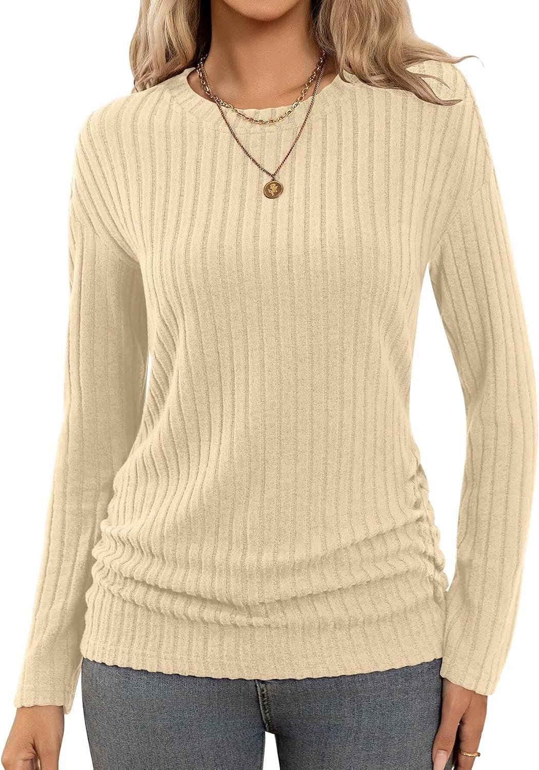Large Bliwov Long Sleeve Shirts for Women Fall Fashion Outfits CrewNeck Tops Sides Ruched Spring Pullover Sweaters Tunic Clothes