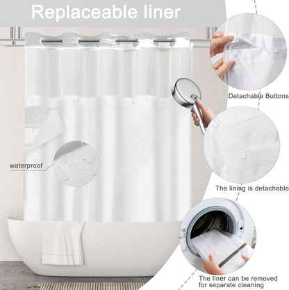 No Hook Shower Curtain and Liner Set, Grey and White Striped Hotel Shower Curtains for Bathroom, Minimalist Waterproof Bathroom Curtain Sets with Snap in Liner Mesh Top Window, 71x74 Inch