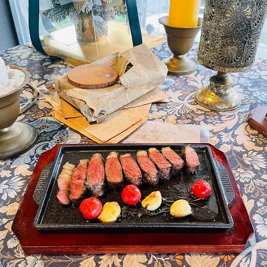 Cast Iron Steak Plate, Grill Pans, Sizzle Griddle with Wooden Base, Steak Pan, Griddle Grill Pan with handles (Plate 9.9" x 6")