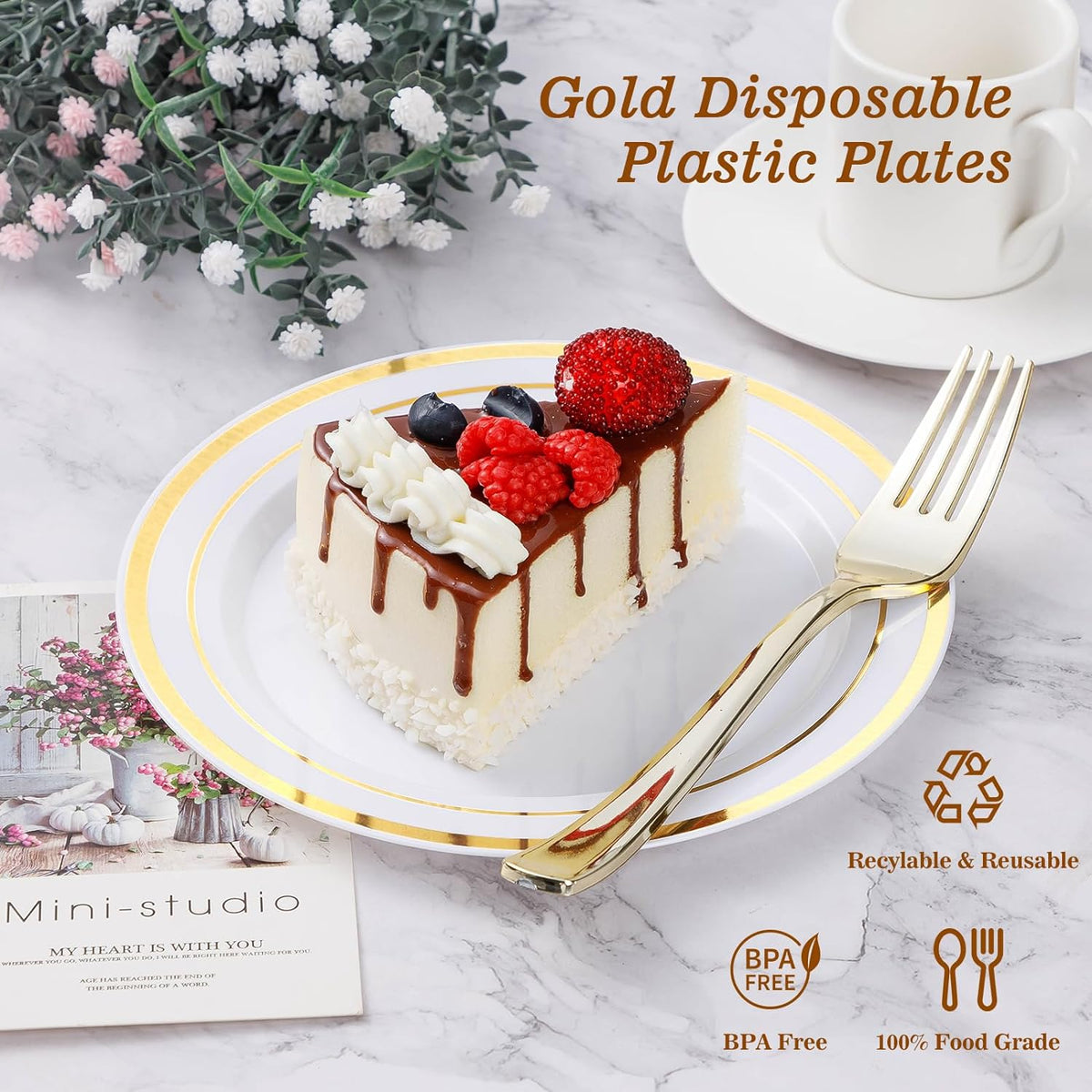 BESTVIP 25PCS Gold Plastic Plates, 10.25 Inch Disposable Dinner Plate Party with Gold Rim, Heavy Duty Disposable Plastic Plates for Christmas, Thanksgiving, Party, Wedding and Birthday