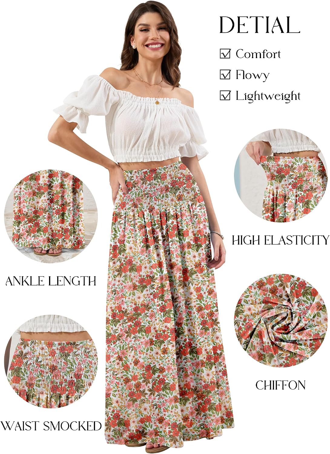 Red Hibiscus floral, LiCot Womens Maxi Skirt Smocked Boho Flowy Casual Long Skirts