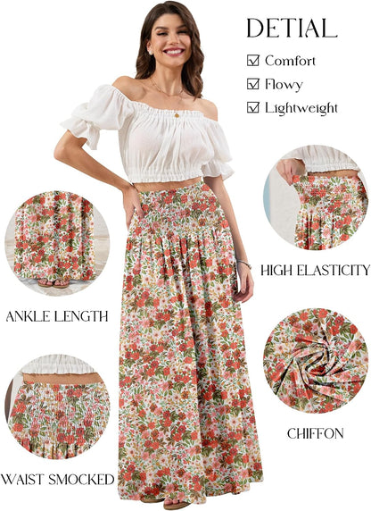 Red Hibiscus floral, LiCot Womens Maxi Skirt Smocked Boho Flowy Casual Long Skirts
