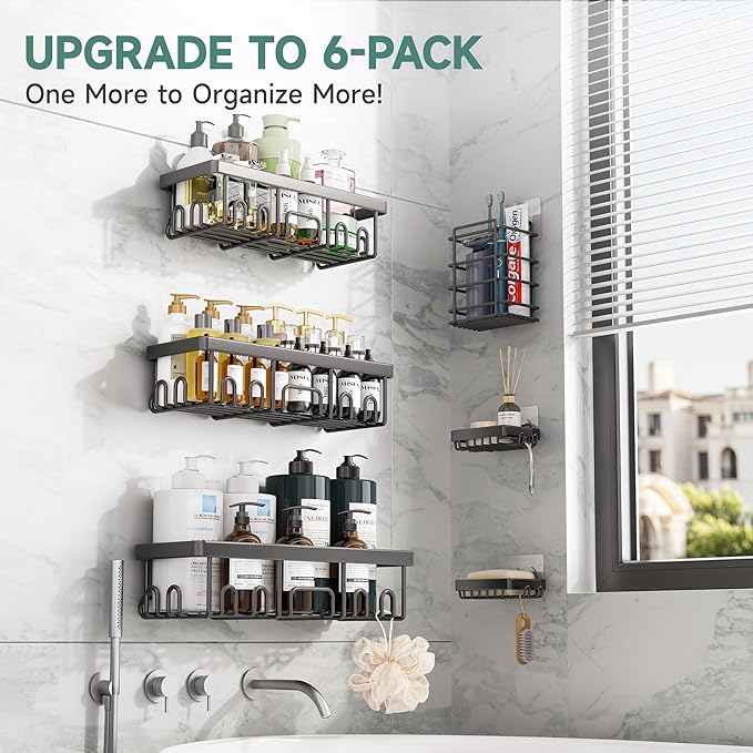 Veken Stainless Steel Shower Caddy 6-Pack, No Drilling  Rustproof, Waterproof Adhesive Shelves Rack with Soap Holder, Large Capacity Bathroom Organizers and Storage, Wall-Mounted Kitchen  Home Decor