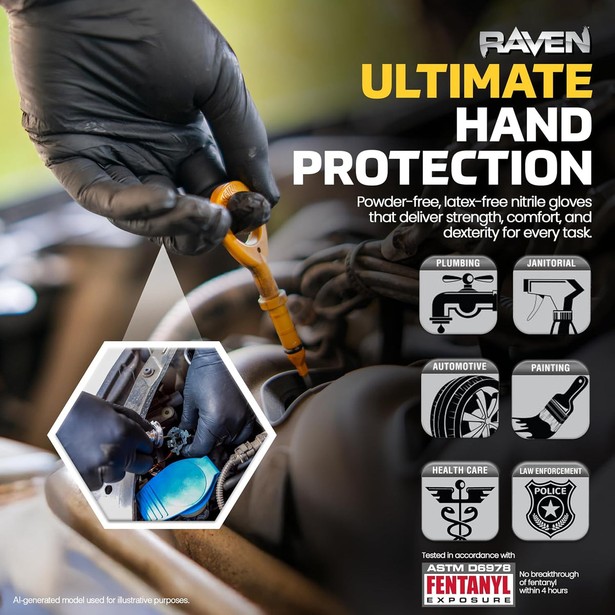 Raven Powder Free Nitrile Disposable Gloves 7 Mil - XL Latex Free, Chemical + Puncture Resistant, Textured Grip, Single Use for Automotive, Industrial, Janitorial, MRO, Food Service 66519