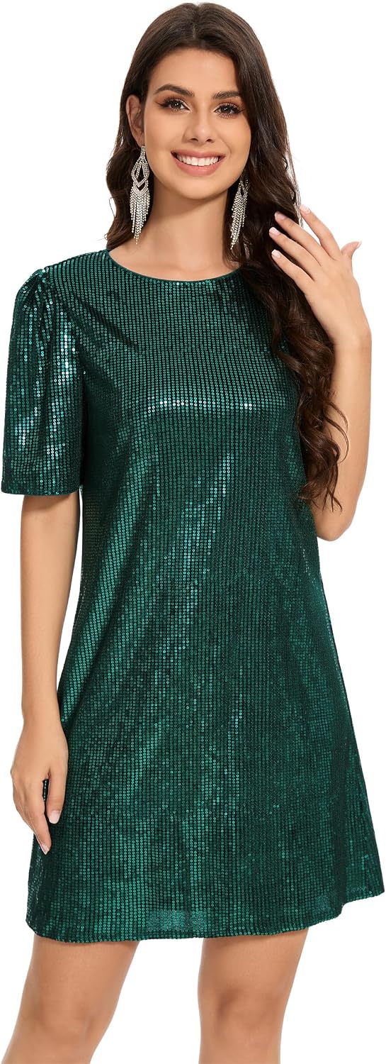 Women Puff Short Sleeve Sparkle Shift Dress Crewneck Sequin Shimmer Cocktail Party Dress