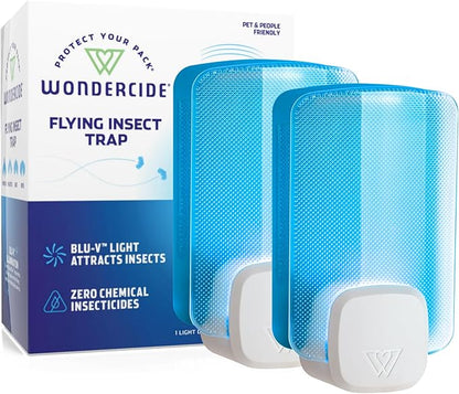 Wondercide - Flying Insect and Fly Trap - Indoor Bug Catcher for Fruit and House Flies, Gnats, Moths, and Mosquitoes - Starter Kit for Home and Kitchen - 1 Plug-in Light and 1 Cartridge