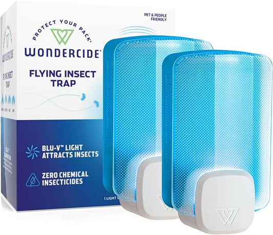 Wondercide - Flying Insect and Fly Trap - Indoor Bug Catcher for Fruit and House Flies, Gnats, Moths, and Mosquitoes - Starter Kit for Home and Kitchen - 1 Plug-in Light and 1 Cartridge