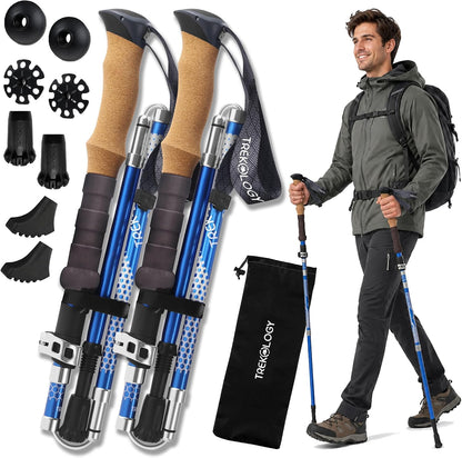 Trekology Trek-Z Hiking Trekking Poles, Walking Stick for Men, Women, 2pc Foldable, collapsible, adjustable lightweight aluminum staff for seniors; folding, retractable for travel, trails, balance ( Tip Protector doesn't come with )