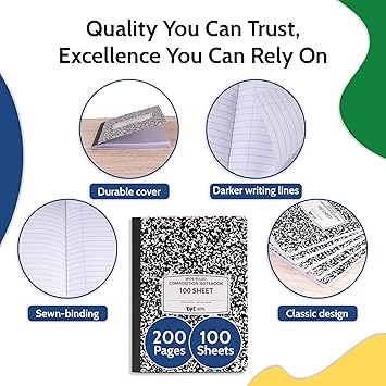 EPI Marble Hardcover Wide Ruled Composition Notebook  200 Pages (100 Sheets), 9.75 x 7.5 in, Sturdy Sewn Binding  School, Office, Journaling, Notes - 6 Pack