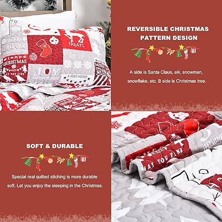 Newspin Christmas Quilt Set Queen Size, Soft Reversible Quilted Christmas Bedspread Coverlet Lightweight FullQueen Quilt Bedding Sets with Xmas Santa Tree Snowman Red Plaid Patchwork Pattern