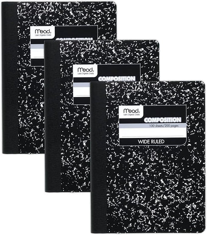 Mead Composition Notebooks, 3 Pack, Wide Ruled Paper, 9-34" x 7-12", 100 Sheets per Comp Book, Black Marble (38301)