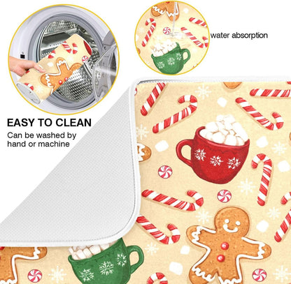 Christmas Gingerbread Man Candy Cane Dish Drying Mat for Kitchen Winter Snow Snowflake Snowman Xmas Microfiber Drying Mats Absorbent Reversible Dish Pad Medium Dish Draining Mat 16x18 inch