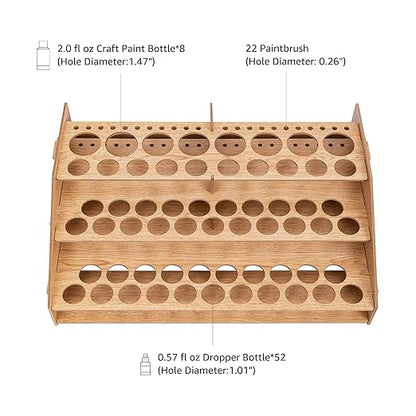 Basics Craft Paint  Brush Organizer Rack, Holds up to 60 Bottles (52 1-inch and 8 1.47-inch) and 22 brushes - 14 x 8 Inches, Wood Finish, Light brown, 14.1 x 9.6 x 4.3
