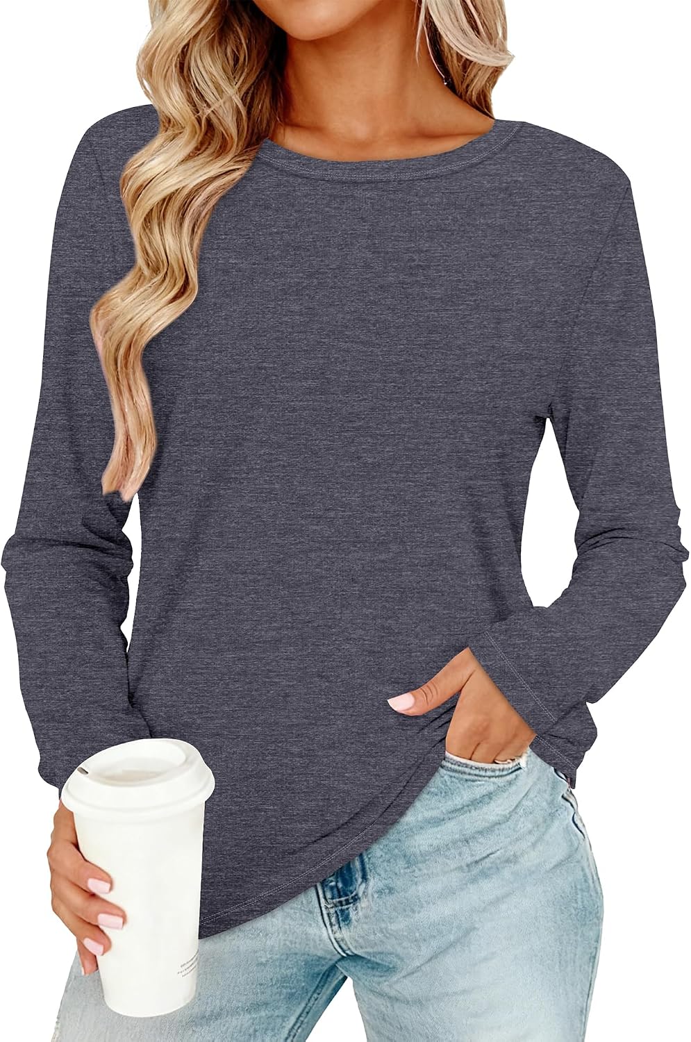 Light Grey Color Women Long Sleeve Shirts Casual Dressy Soft Basic Tee Loose Fit Tunic Tops | Fall Tops, Soft & Breathable, Crew Neck, cotton, School Outfits, Teacher T-shirts, Winter Clothes, Solo or Layered, 2026