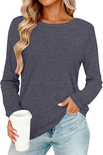 Light Grey Color Women Long Sleeve Shirts Casual Dressy Soft Basic Tee Loose Fit Tunic Tops | Fall Tops, Soft & Breathable, Crew Neck, cotton, School Outfits, Teacher T-shirts, Winter Clothes, Solo or Layered, 2026