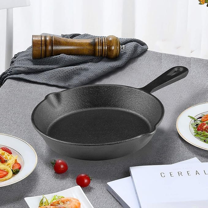 6 Inch Cast Iron Skillet, Frying Pan with Drip-Spouts, Pre-seasoned Oven Safe Cookware, Camping Indoor and Outdoor Cooking, Grill Safe, Restaurant Chef Quality