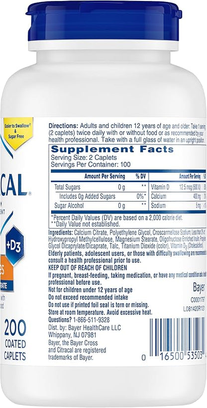 Citracal Petites, 400 mg Calcium Citrate, Easily Absorbed and Highly Soluble with 12.5 mcg (500 IU) Vitamin D3, Bone Health Support for Ages 12, Smaller and Easier to Swallow Caplets, 200 Count
