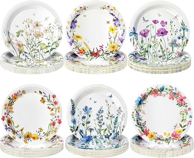 96 Pcs Spring Flower Paper Plates Disposable Floral Disco Plates for Spring Summer 70's Disco Party Birthday Decorations (Floral)
