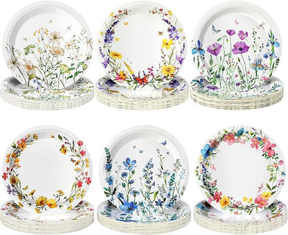 96 Pcs Spring Flower Paper Plates Disposable Floral Disco Plates for Spring Summer 70's Disco Party Birthday Decorations (Floral)