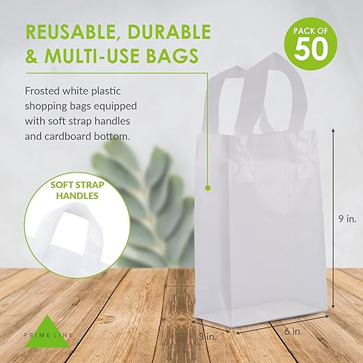 Prime Line Packaging Clear Gift Bags with Handles, Frosted White Plastic Shopping Totes for Small Business, Boutiques, Retail, Bulk, 6x3x9 50 Pack