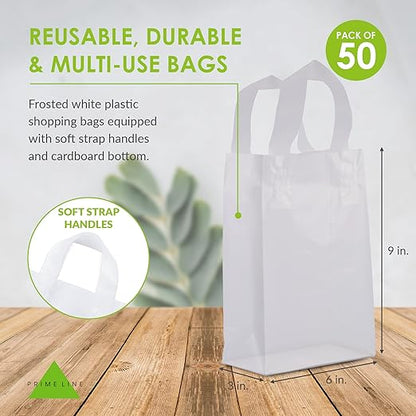 Prime Line Packaging Clear Gift Bags with Handles, Frosted White Plastic Shopping Totes for Small Business, Boutiques, Retail, Bulk, 6x3x9 50 Pack