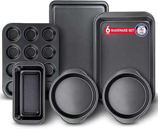 Baking Set  6 Piece  Deluxe Non Stick Black Coating Inside and Outside  Carbon Steel Bakeware Set  PFOA PFOS and PTFE Free by Bakken