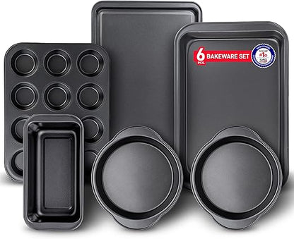 Baking Set  6 Piece  Deluxe Non Stick Black Coating Inside and Outside  Carbon Steel Bakeware Set  PFOA PFOS and PTFE Free by Bakken